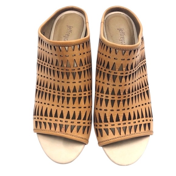Jeffrey Campbell Tan Cutout Mules With Wood Heel Shoe - SZ 6 Geometric Artful - Picture 3 of 11